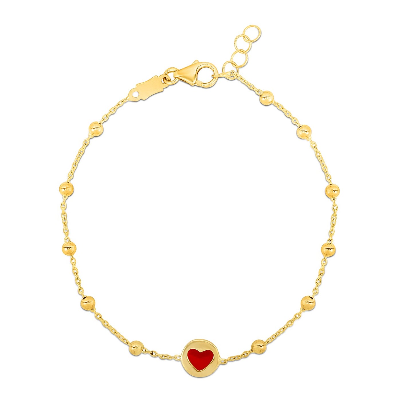 14k Yellow Gold Bracelet with Beads and Enameled Heart