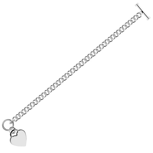 Sterling Silver Rhodium Plated Rolo Chain Bracelet with a Heart Charm (6.00 mm)