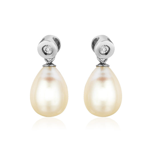 Sterling Silver Earrings with Pear Shaped Freshwater Pearls and Cubic Zirconias